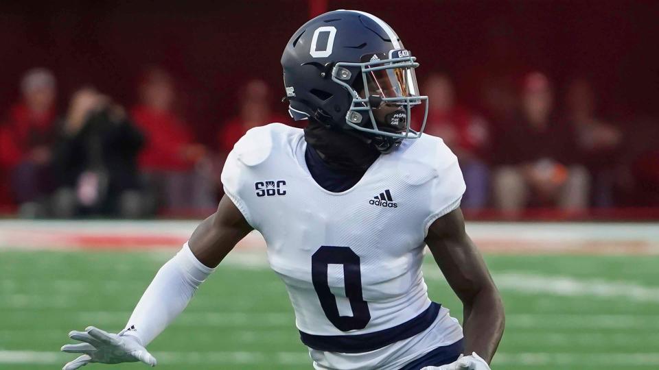 Georgia Southern wide receiver Sam Kenerson before the game against Nebraska on Saturday, Sept. 10, 2022, in Lincoln, Nebraska. Kenerson wore uniform No. 0 instead of his customary No. 14 as the team's choice that week for the player being accountable, disciplined, unselfish and hard-working