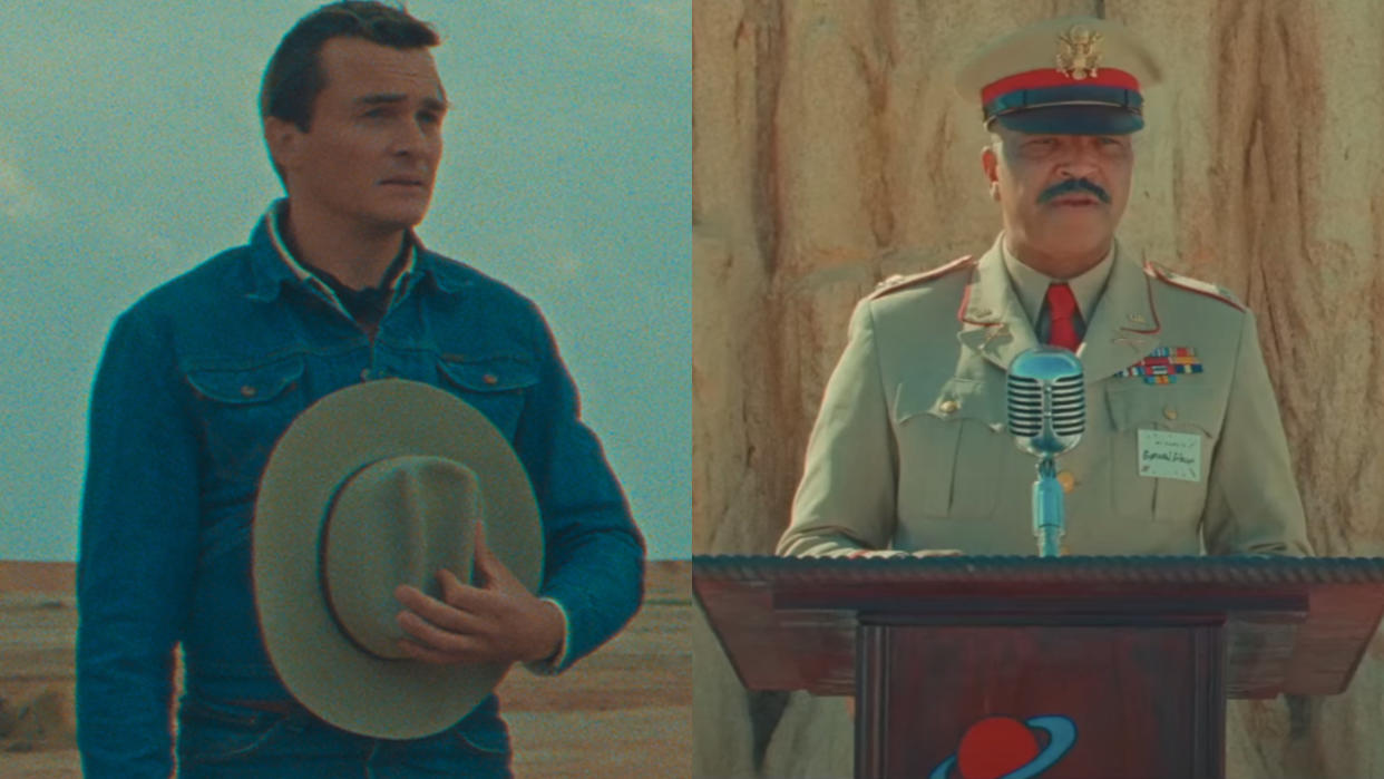  Cowboy Rupert Friend and General Jeffrey Wright, pictured side by side from Asteroid City. 