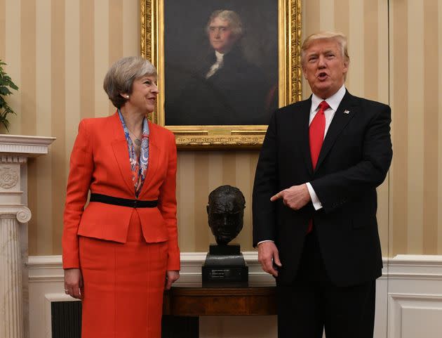 <strong>Theresa May and Donald Trump with the Winston Churchill bust in the Oval Office</strong> (Photo: Stefan Rousseau - PA Images via Getty Images)