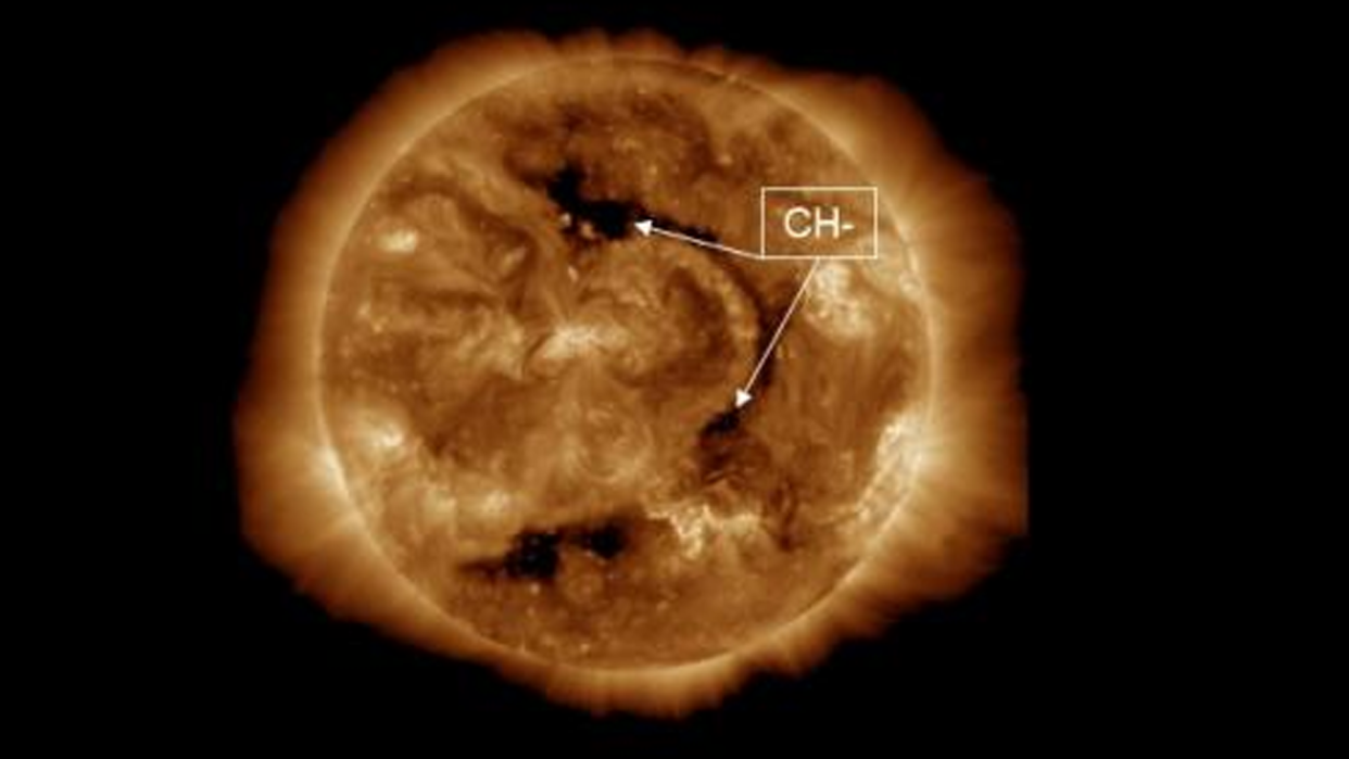  Two coronal holes, areas with disrupted magnetic field, are visible on the face of the sun in this satellite image. 