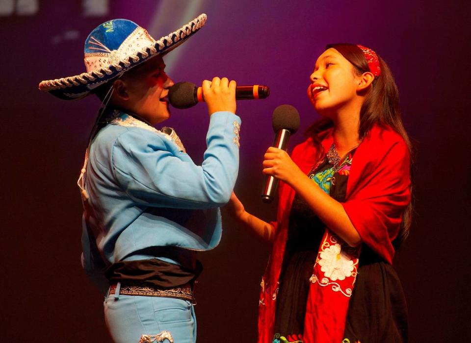 Young Talent Big Dreams 2024 Group Vocals winners, Mariachi, are Dylan Bustos, 13, and Shantel Ruiz, 12, of Miami Arts Studio 6-12 at Zelda Glazer. The duo perform at the YTBD finals competition at Actors’ Playhouse at the Miracle Theatre in Coral Gables on May 11, 2024.