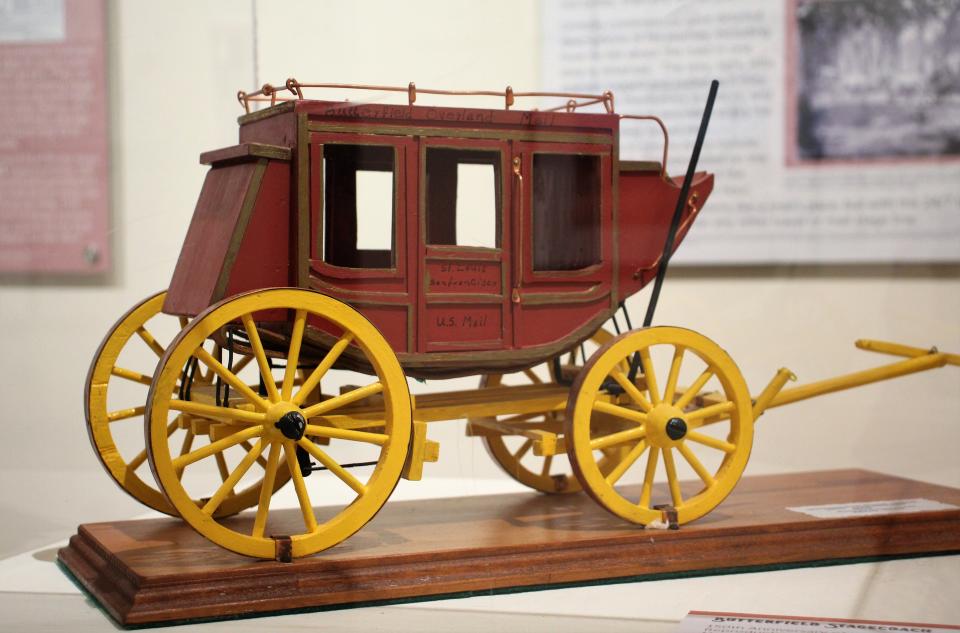 A replica of a Butterfield Overland Mail Route stagecoach. It also carried passengers, who could bring just 40 pounds of luggage. That often was in a chest, stored atop the carriage.