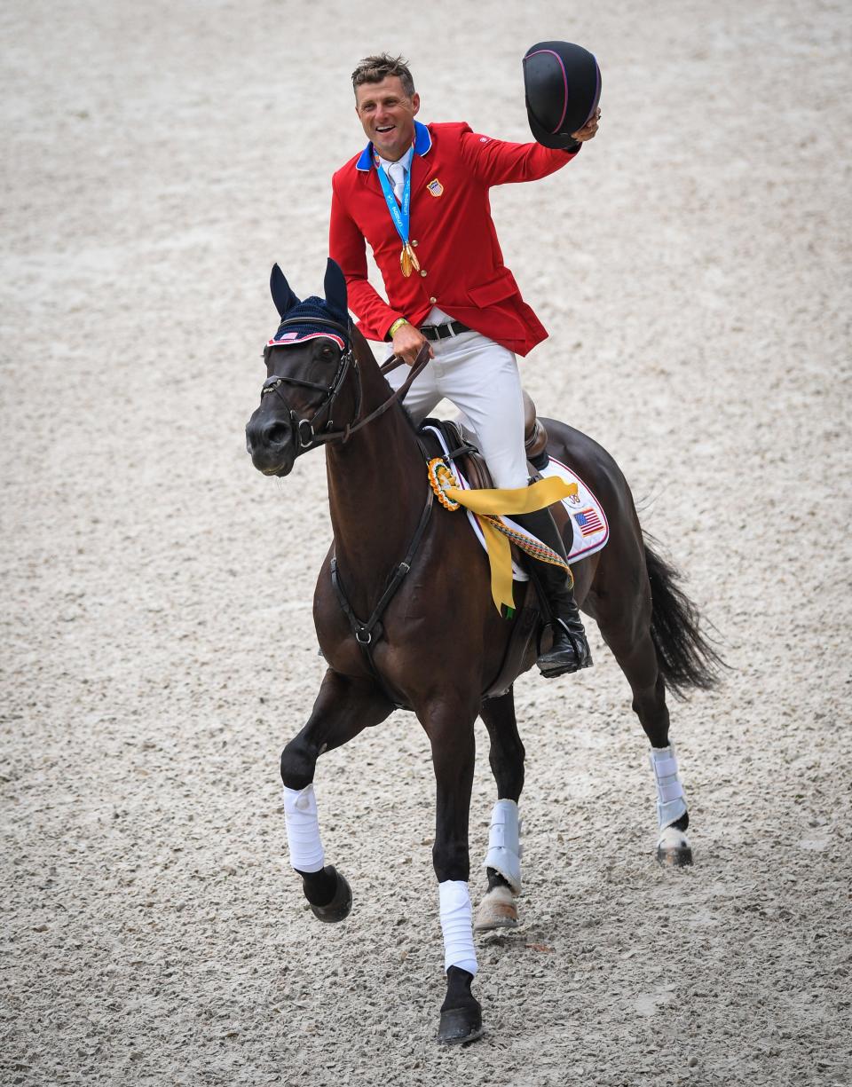 Boyd Martin and Tsetserleg celebrating their individual and team gold at the Lima 2019 Pan American Games in Lima, Peru. 