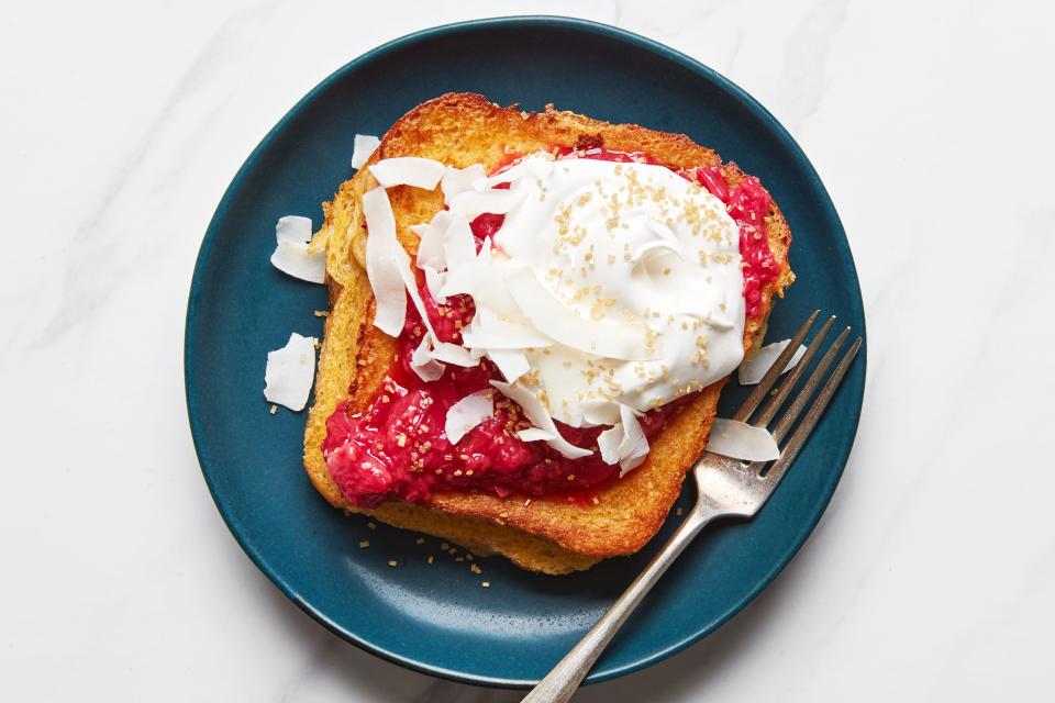 Coconut-Cardamom French Toast With Raspberry-Rhubarb Compote