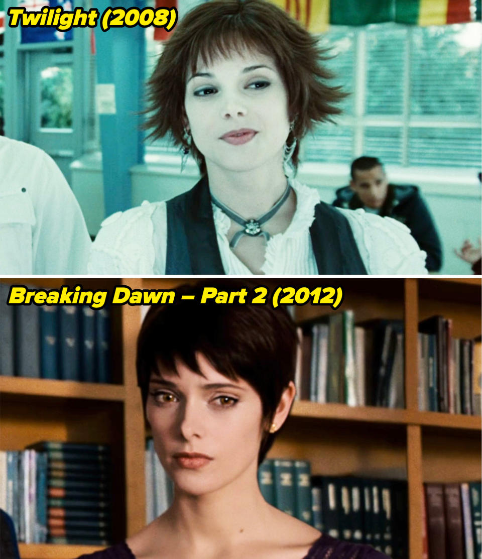 closeup of her character with short hair in the first and last movies