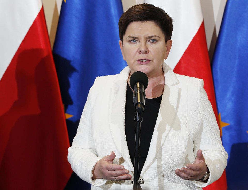 Poland's Deputy Prime Minister Beata Szydlo tells reporters that the latest pay talks with teachers who have been on strike for 11 days have failed and appeals to teachers to suspend the protest for next month's important exams, in Warsaw, Poland, Thursday, April 18, 2019. (AP Photo/Czarek Sokolowski)