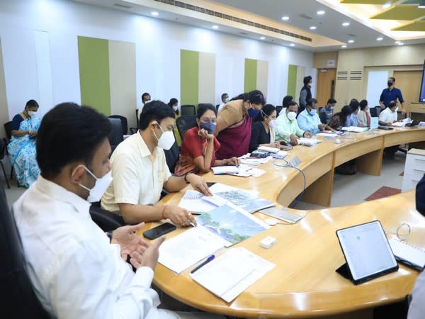 Karnataka Health Minister Dr K Sudhakar  meetings with senior health officials. (Photo/ANI)