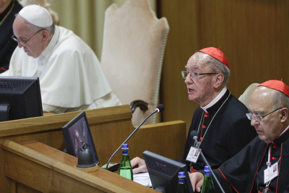 Cardinal Claudio Hummes, 2nd right, speaks the Amazon synod, at the Vatican, Monday, Oct. 7, 2019. Pope Francis has told South American bishops to speak "courageously" at a meeting on the Amazon, where the shortage of priests is so acute the Vatican is considering ordaining married men and giving women official church ministries. (AP Photo/Andrew Medichini)