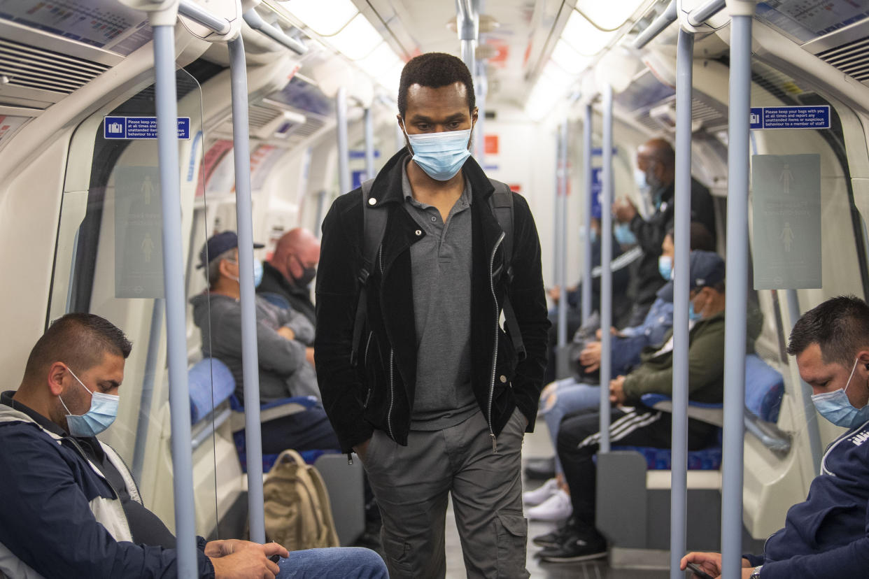 Passengers wearing face masks on the Jubilee Line in East London as face coverings become compulsory on public transport in England with the easing of further lockdown restrictions during the coronavirus pandemic. (Photo by Victoria Jones/PA Images via Getty Images)