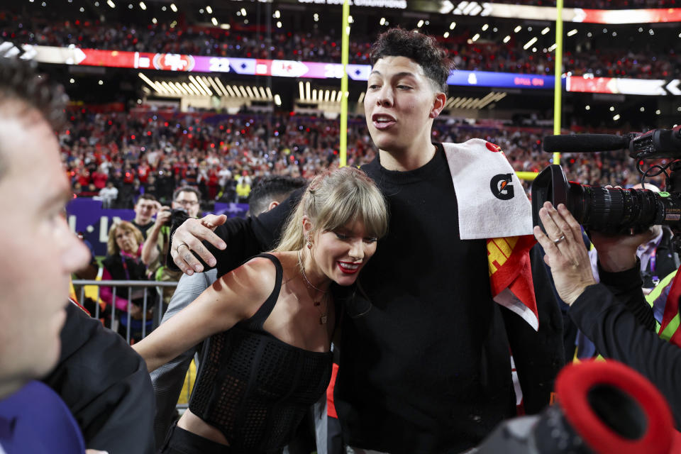 LAS VEGAS, NV - FEBRUARY 11: Taylor Swift and Jackson Mahomes embrace after Super Bowl LVIII against the San Francisco 49ers at Allegiant Stadium on February 11, 2024 in Las Vegas, NV. (Photo by Perry Knotts/Getty Images)