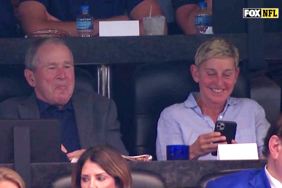 Friends: Ellen DeGeneres and George W. Bush watching the match (Fox NFL)