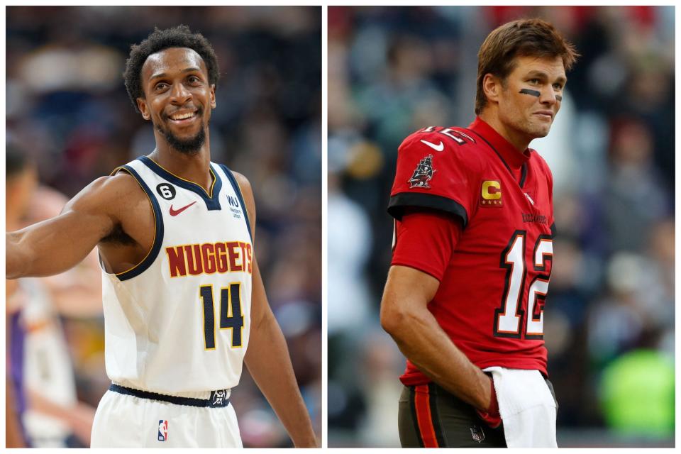 In side-by-side photos, Ish Smith smiles during a Nuggets game while Tom Brady smiles and looks on during an NFL game.