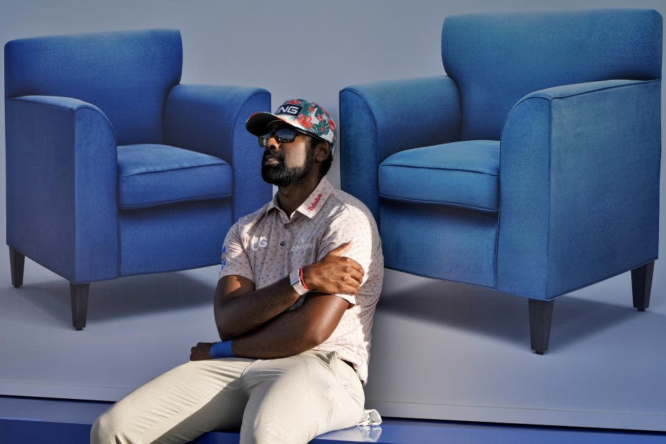 Sahith Theegala waits to hit on the 18th tee during the first round of The Sentry golf event, Thursday, Jan. 4, 2024, at Kapalua Plantation Course in Kapalua, Hawaii. (AP Photo/Matt York)