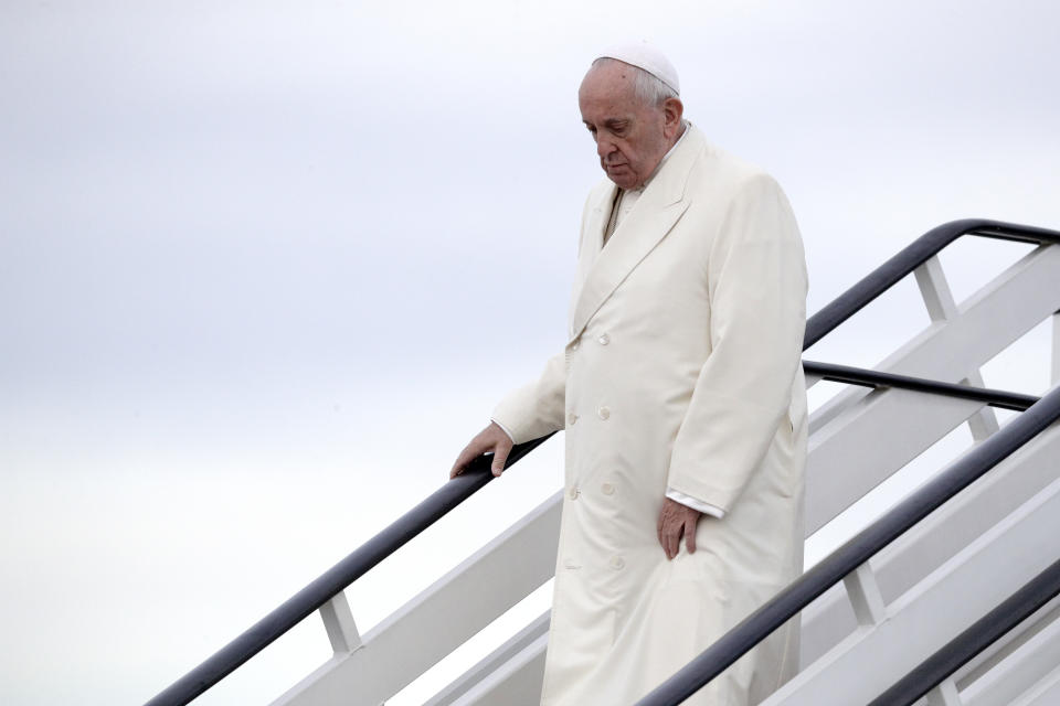Pope Francis arrives at Riga airport, Latvia, Monday, Sept. 24, 2018. Francis is travelling to Lithuania, Latvia and Estonia to mark their 100th anniversaries of independence and to encourage the faith in the Baltics, which saw five decades of Soviet-imposed religious repression and state-sponsored atheism. (AP Photo/Andrew Medichini)