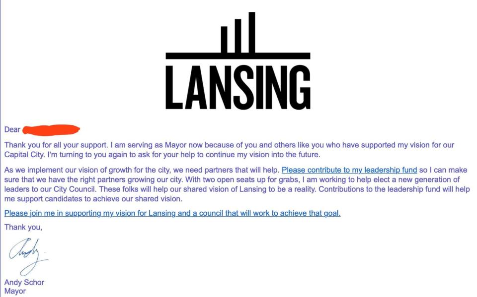 A screenshot of a campaign email Lansing Mayor Andy Schor sent on June 12, 2023, that Mike and Erica Lynn posted to their page Merica 20 to Life. It's the center of an ethics complaint against Schor.