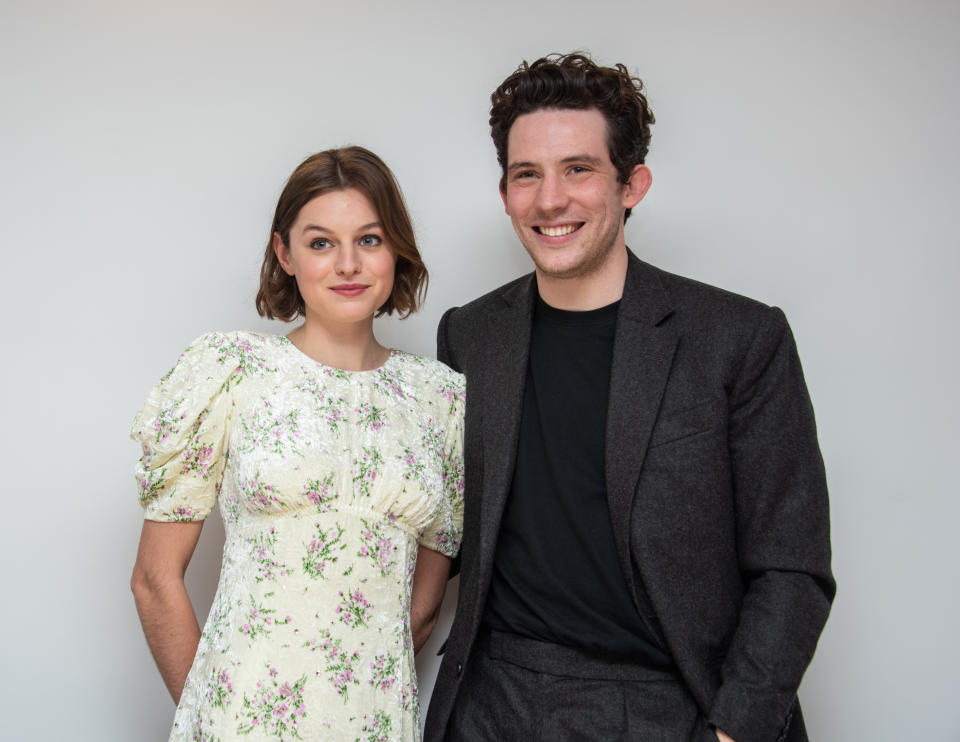 LONDON, ENGLAND - MARCH 02: Emma Corrin and Josh O'Connor at the "The Crown" Set Visit at undisclosed location on March 02, 2020 in London, England. (Photo by Vera Anderson/WireImage)