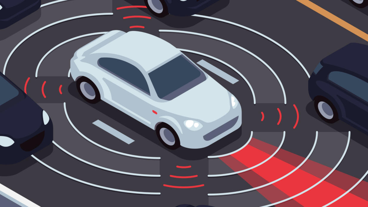  Artistic concept of autonomous driving technology, featuring a car stuck in traffic with sensors as waves being created from the vehicles. 