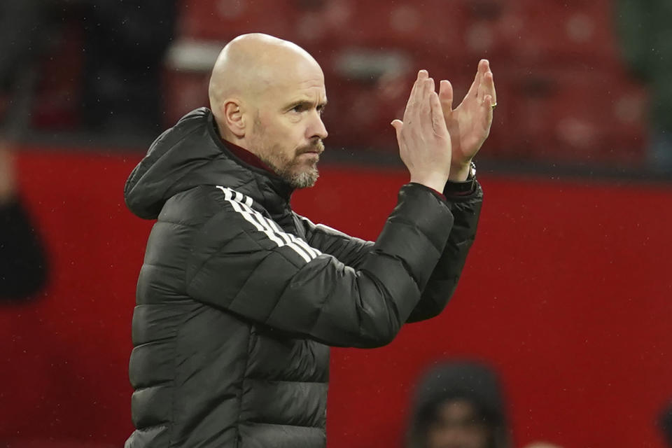 Manchester United's head coach Erik ten Hag celebrates after the English League Cup quarter final soccer match between Manchester United and Charlton Athletic at Old Trafford in Manchester, England, Tuesday, Jan. 10, 2023. (AP Photo/Dave Thompson)