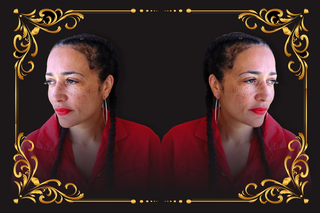 Two mirror images of Zadie Smith looking off to the side, with ornate gilt, Victorian-era flourishes.