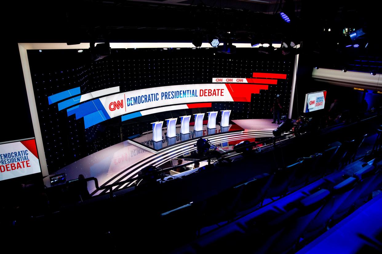 Inside Sheslow Auditorium where preparation was underway for the CNN/Des Moines Register Democratic presidential debate on Jan. 12, 2020, the last time there was a presidential debate at Drake University in Des Moines.