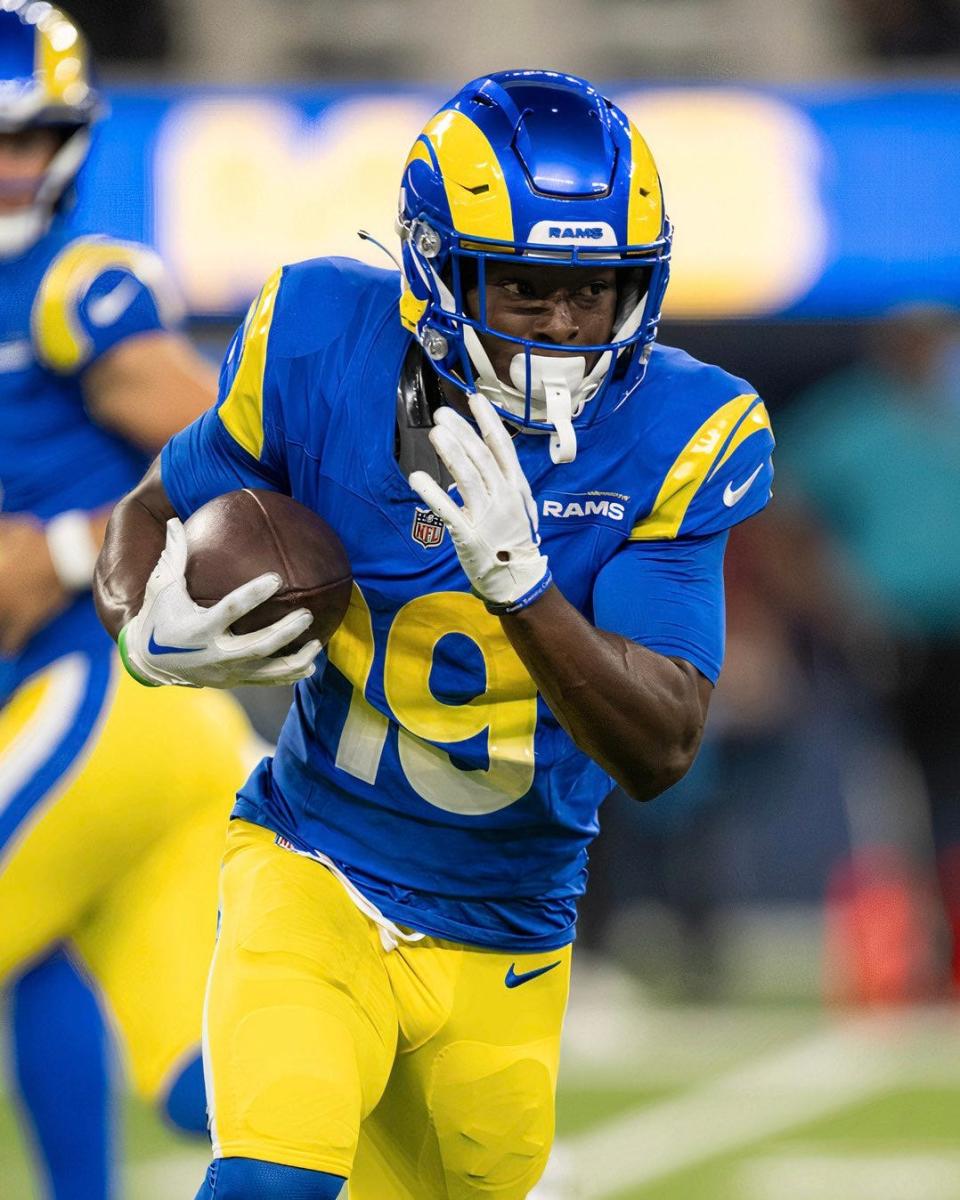 Former Florida A&M Rattlers wide receiver Xavier Smith (19) participates in a preseason game with the Los Angeles Rams at SoFi Stadium in Inglewood, California.