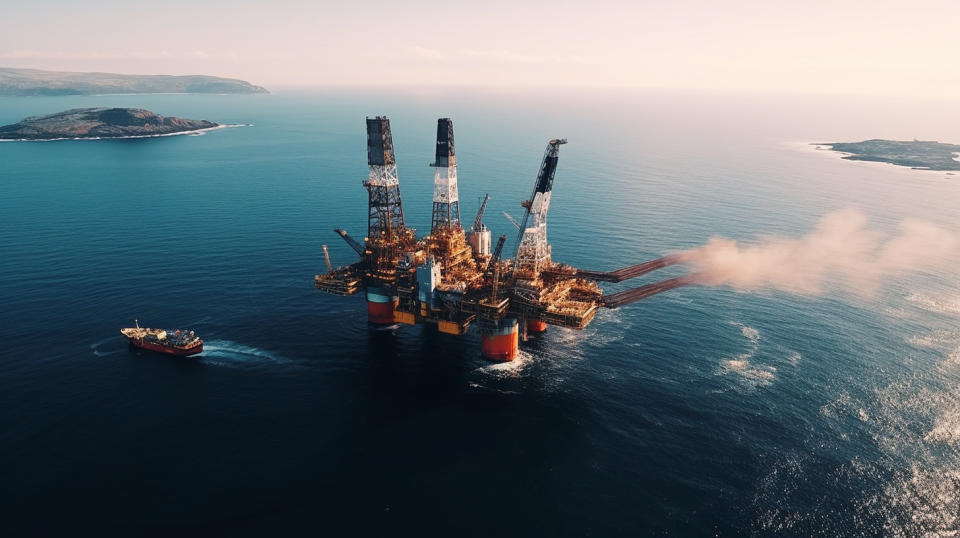 Aerial view of a major oil rig in the middle of the sea, pumping crude oil.