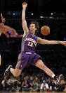 Phoenix Suns guard Steve Nash is fouled on a three-point shot by Los Angeles Lakers guard Derek Fisher (not shown) in the first quarter during Game 5 of their NBA Western Conference final playoff series in Los Angeles, May 27, 2010. REUTERS/Danny Moloshok