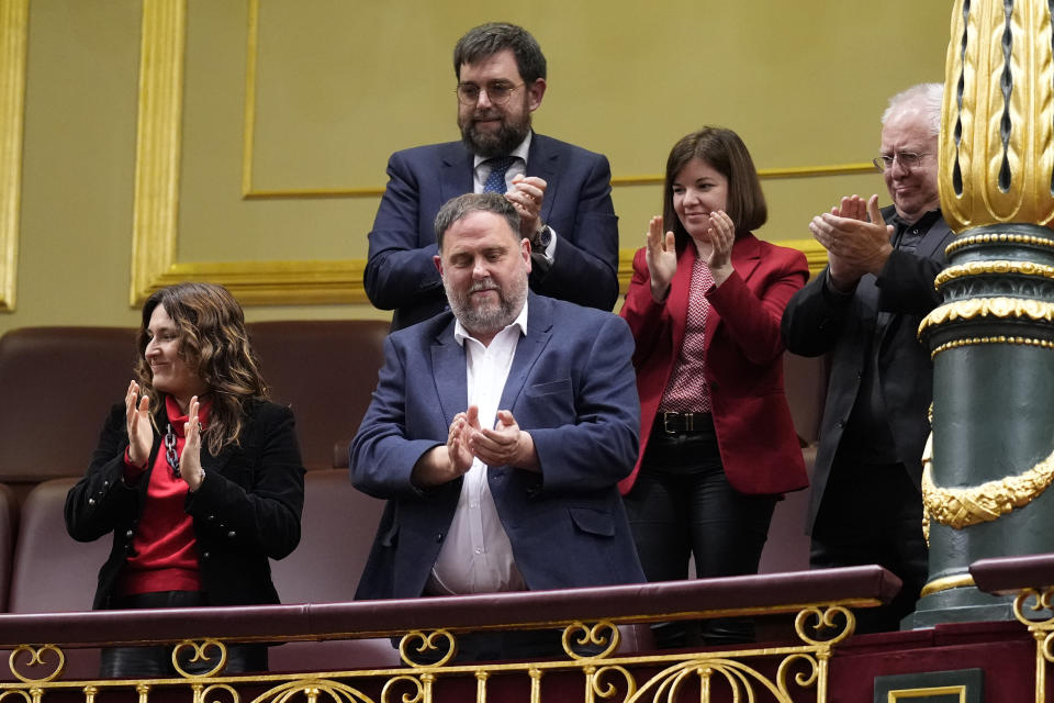 The leader of the Catalonian ERC party Oriol Junqueras attends a parliamentary session in Madrid, Spain, Thursday, March 14, 2024. Spain's Parliament on Thursday has approved a controversial amnesty bill aimed at forgiving crimes — both proved and alleged — committed by Catalan separatists during a chaotic attempt to hold an independence referendum six years ago. (AP Photo/Manu Fernandez)