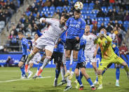 Orlando City's David Brekalo, left, and CF Montreal's Nathan-Dylan Saliba (19) go up for the ball during second-half MLS soccer match action in Montreal, Saturday, April 20, 2024. (Graham Hughes/The Canadian Press via AP)