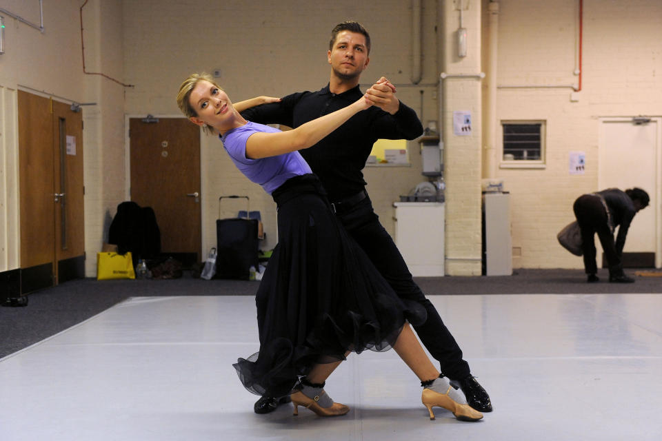 Rachel Riley and Pasha Kovalev rehearse their waltz at Ace Dance & Music, Birmingham ahead of their first dance on Strictly Come dancing.   (Photo by Joe Giddens/PA Images via Getty Images)