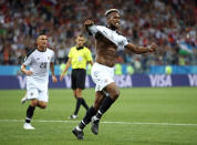 <p>Kendall Waston of Costa Rica celebrates scoring his sides opening goal during the 2018 FIFA World Cup Russia group E match between Switzerland and Costa Rica at Nizhny Novgorod Stadium on June 27, 2018 in Nizhny Novgorod, Russia. </p>