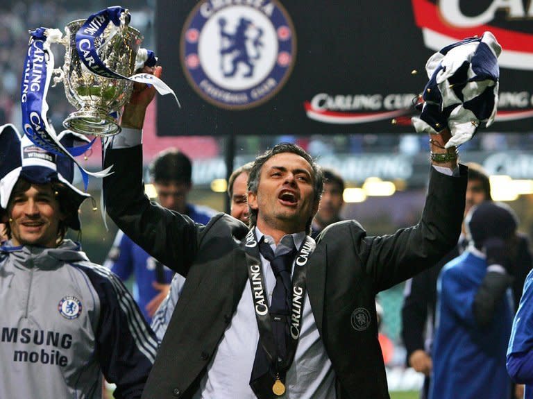 Jose Mourinho celebrates Chelsea's League Cup triumph at The Millennium Stadium in Cardiff on February 25, 2007. Mourinho looks set to be welcomed back to Chelsea with open arms, but his reputation has been sullied during his three-year stint at Real Madrid and he will return to Stamford Bridge with several thorny issues to address