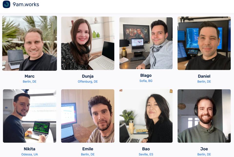 Im Meeting sind sie nicht nur Ort sondern auch Zeitzonen versetzt: Das Team von 9am mit Gründer Marc Clemens (oben links). Das Startup fokussiert sich auf die Vermittlung von IT-Freelancern an Unternehmen..  - Copyright: Codecontrol