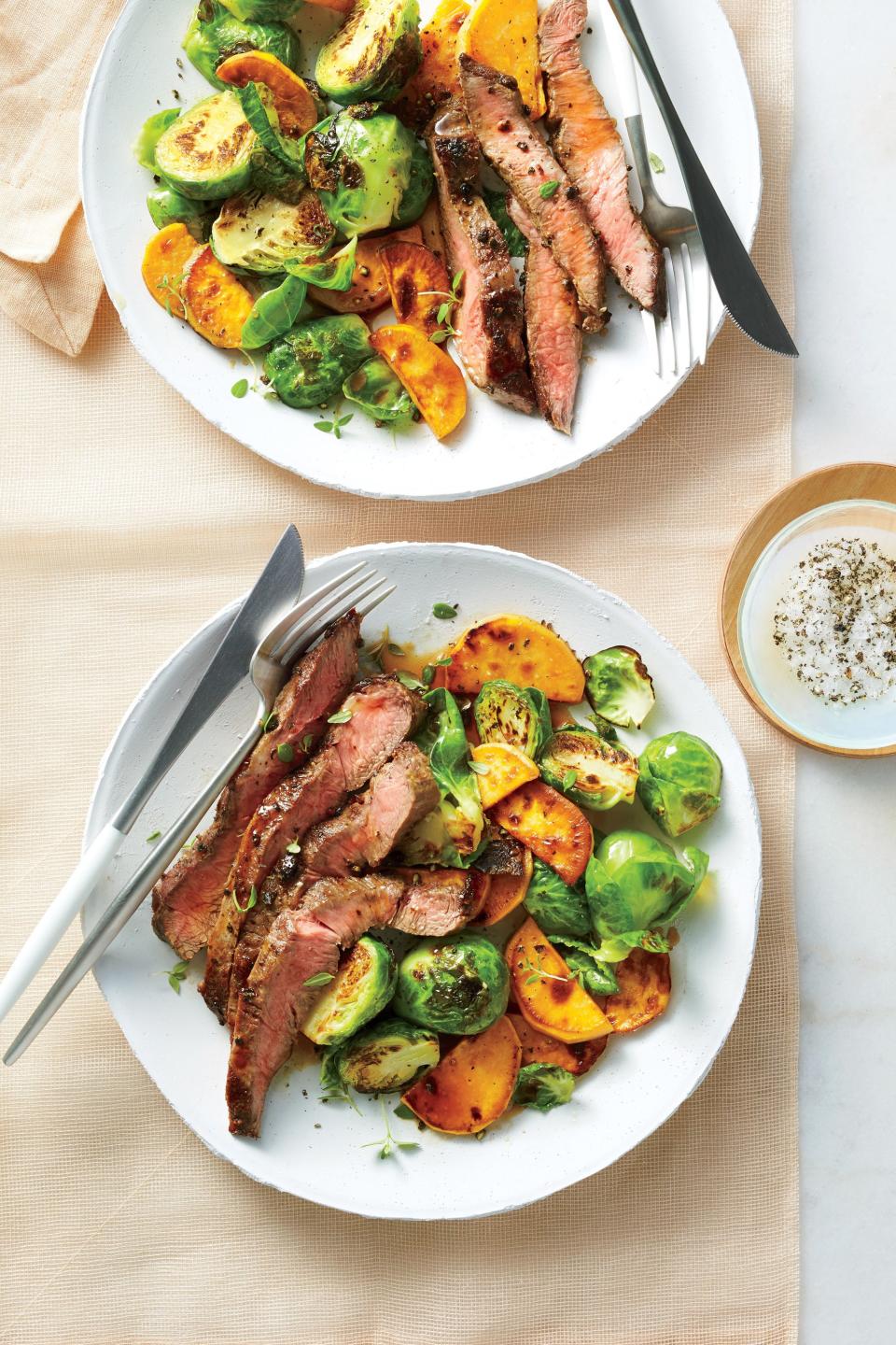 Broiled Flat Iron Steak with Brussels Sprouts and Sweet Potatoes