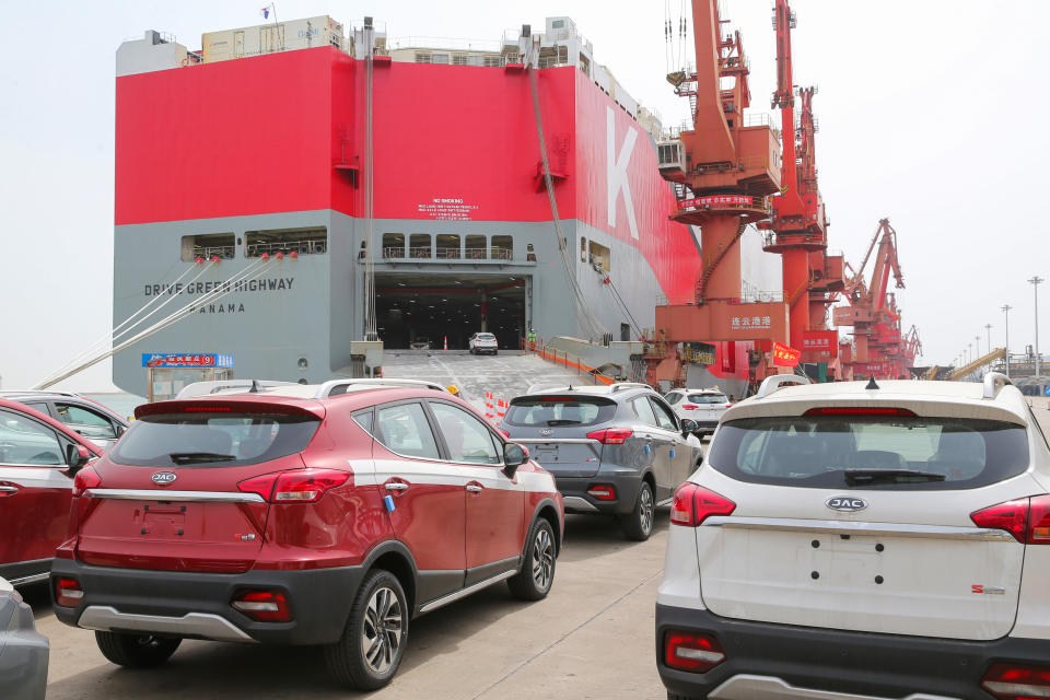 LIANYUNGANG, CHINA - APRIL 29, 2021 - A large number of Chinese-made cars are loaded on board for export at berth 66 at Lianyungang Port in east China's Jiangsu Province, April 29, 2021. This batch of domestic brand cars will be exported from lianyungang port to Mexico and Australia by sea after the port loading is completed. (Photo credit should read Costfoto/Future Publishing via Getty Images)