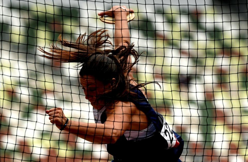 Chrysoula Anagnostopoulou of Greece throws discus at the Tokyo Olympics.