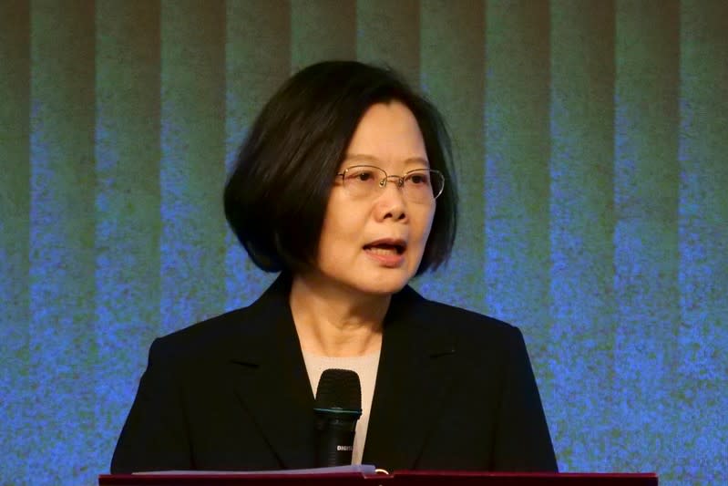 FILE PHOTO: Taiwan's President Tsai Ing-wen speaks to members of the American Chamber of Commerce at their annual general meeting in Taipei