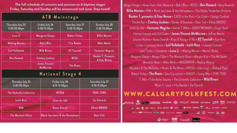 The full lineup for the Calgary Folk Music Festival was announced on Tuesday. The four-day event takes place in July at Prince's Island Park in Calgary.