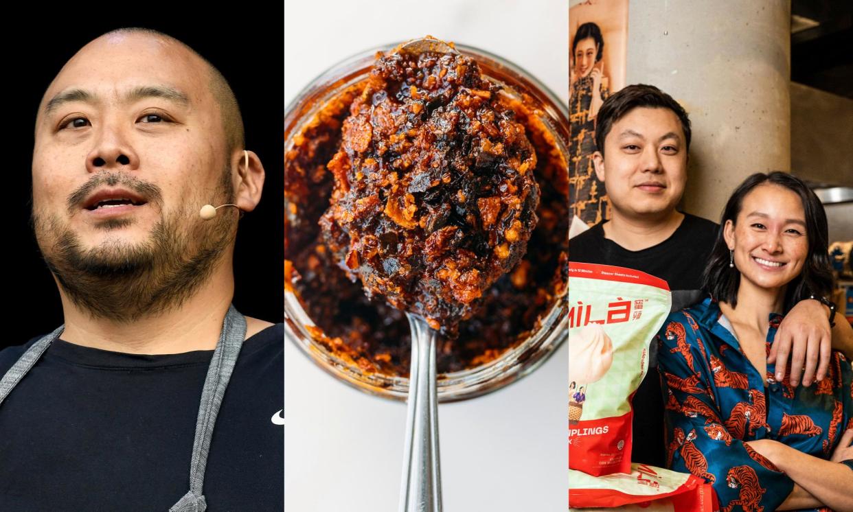 <span>Crispy chili oil makers like Caleb Wang and Jen Liao, right, are feeling the crunch from Chang, left, whose company is trying to trademark ‘chili crunch’.</span><span>Composite: Getty Images, Homiah, Mila</span>