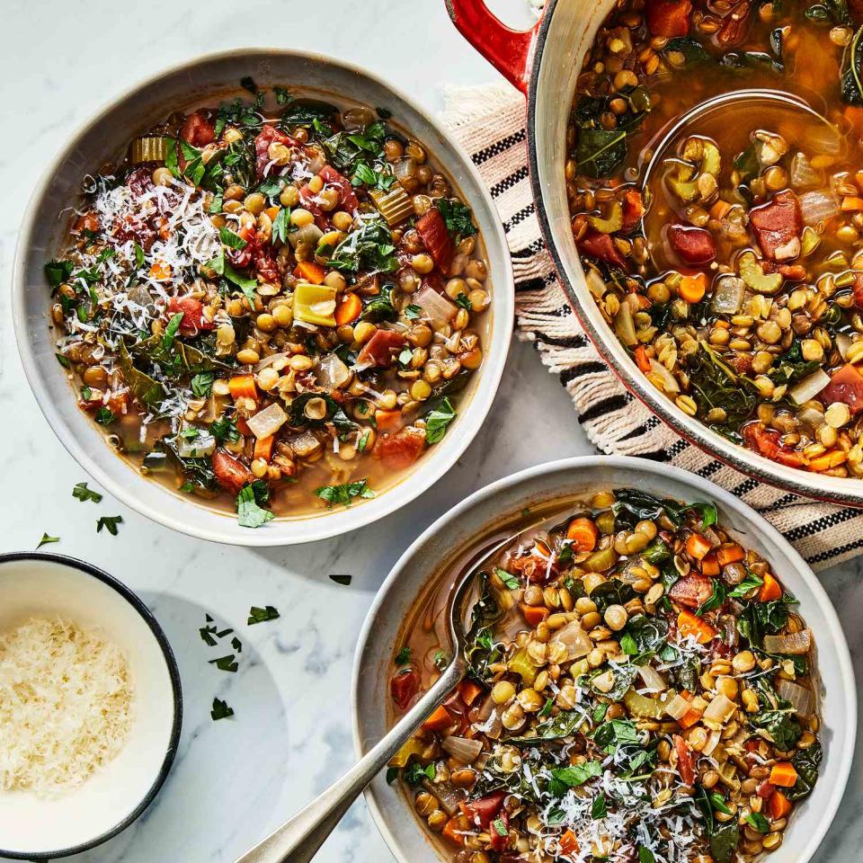 <p>This lentil-vegetable soup is packed with kale and tomatoes for a filling, flavorful main dish. If you have it, the Parmesan cheese rind adds nuttiness and gives the broth some body. If you avoid cheese made with rennet, look for vegetarian Parmesan cheese, which is made without it.</p> <p> <a href="https://www.eatingwell.com/recipe/7917979/one-pot-lentil-vegetable-soup-with-parmesan/" rel="nofollow noopener" target="_blank" data-ylk="slk:View Recipe;elm:context_link;itc:0;sec:content-canvas" class="link ">View Recipe</a></p>