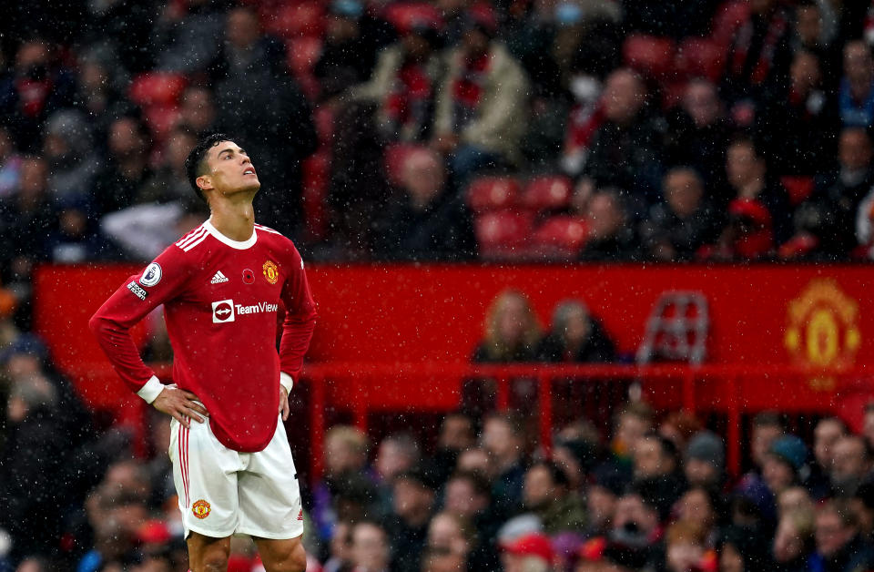 Manchester United's Cristiano Ronaldo stands dejected during their home defeat by Manchester City. 