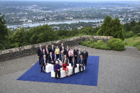 U.S. Treasury Secretary Janet Yellen, front, and participiants of a G7 Finance Ministers Meeting hosted by German Finance Minister Christian Lindner pose for a photo at the federal guest house Petersberg, near Bonn, Germany, Thursday, May 19, 2022. (Federico Gambarini/dpa via AP)