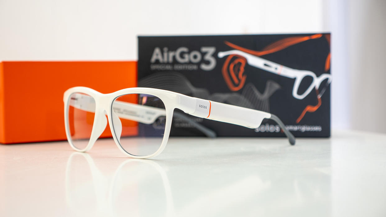  Solos AirGo 3 smart glasses with the box behind. 