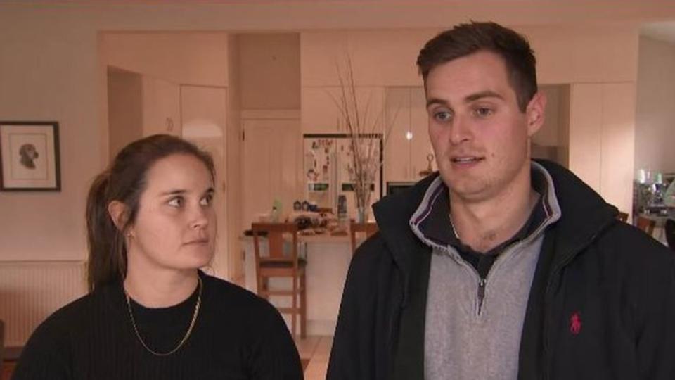 Brighton residents Annabelle Thomson, left, and Todd Basse were alerted to intruders inside their Melbourne home. Picture: 9News