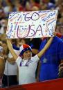 United States fan holds up a sign after the semifinals game against Germany in the FIFA 2015 Women's World Cup at Olympic Stadium. United States defeated Germany 2-0. Jean-Yves Ahern-USA TODAY Sports