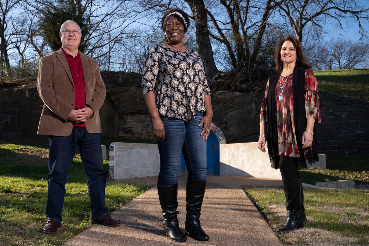 Ricky Keith, Janice Tucker and Tammy Pierchoski of the Community Advisory Council on Inclusive Recognition and Acknowledgment pose for a portrait at Heritage Plaza Monday, Jan. 24, 2022, in Pulaski, Tenn. The group also known as CACIRA is working to bring a U.S. Colored Troops statue to Heritage Plaza as well as other monuments to recognize Pulaski's historical achievements.