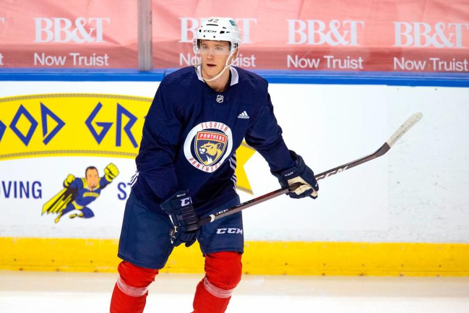 Florida Panthers defenseman Gustav Forsling (42) skates during training camp in preparation for the 2021 NHL season at the BB&T Center on Wednesday, January 13, 2021 in Sunrise.