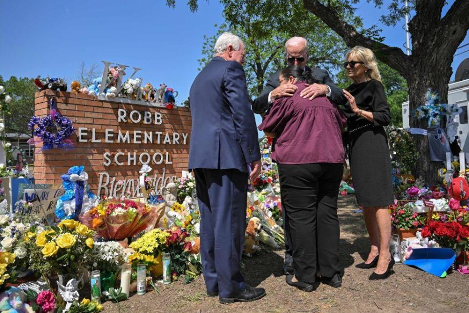 President Biden embraces Mandy Gutierrez, the principal of Robb Elementary School, as he and first lady Jill Biden pay their respects in Uvalde, Texas, on May 29, 2022. / Credit: Mandel Ngan/AFP via Getty Images