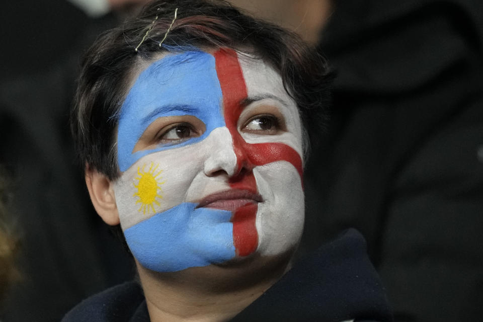 A fan attends the Rugby World Cup third place match between England and Argentina at the Stade de France in Saint-Denis, outside Paris, Friday, Oct. 27, 2023. (AP Photo/)