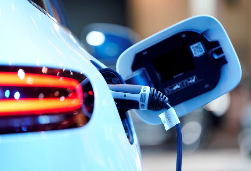 FILE PHOTO: A charging port is seen on a Mercedes Benz EQC 400 4Matic electric vehicle at the Canadian International AutoShow in Toronto